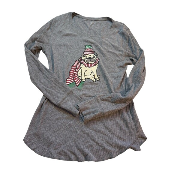 Old Navy Holiday Winter Pug Graphic Thermal Top - Size Large- Slim Fit - Picture 1 of 5